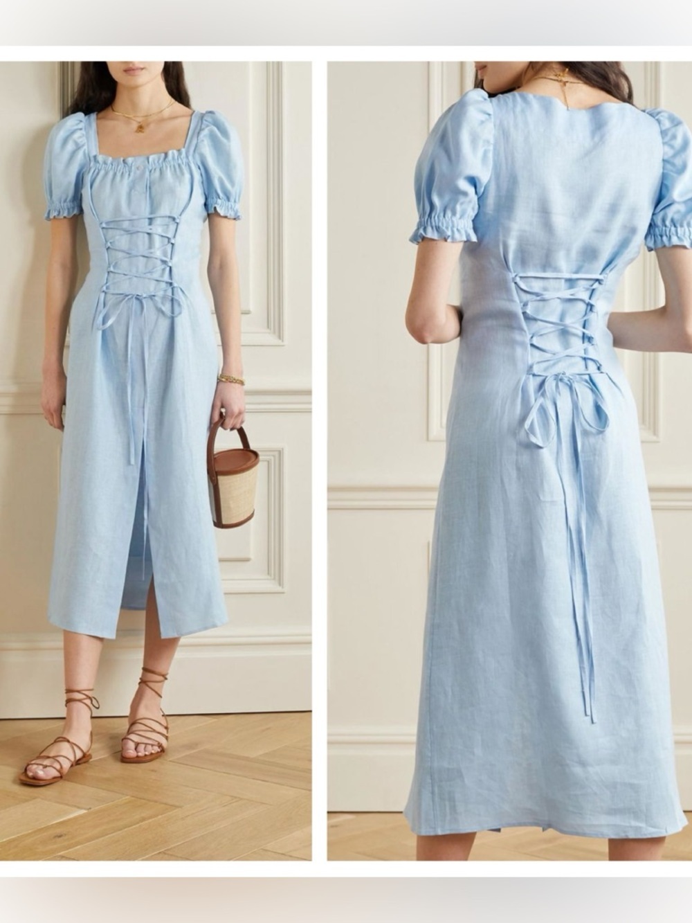 Sleeper Marquise Lace-Up Linen Midi Dress Blue Puff Sleeve Corset Cottagecore M